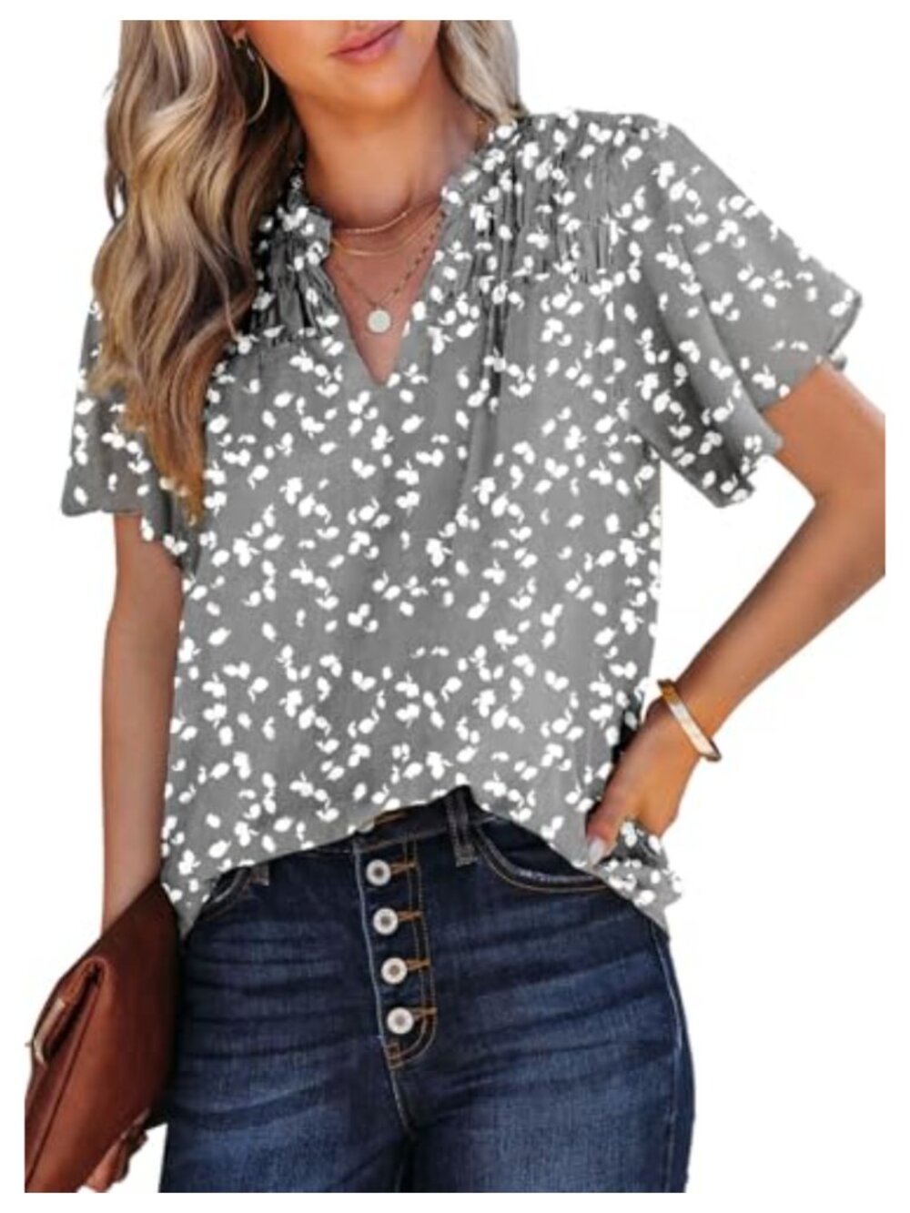 Women's Chiffon Blouse Floral Print Smocked V Neck Short Sleeve Bohemian Top